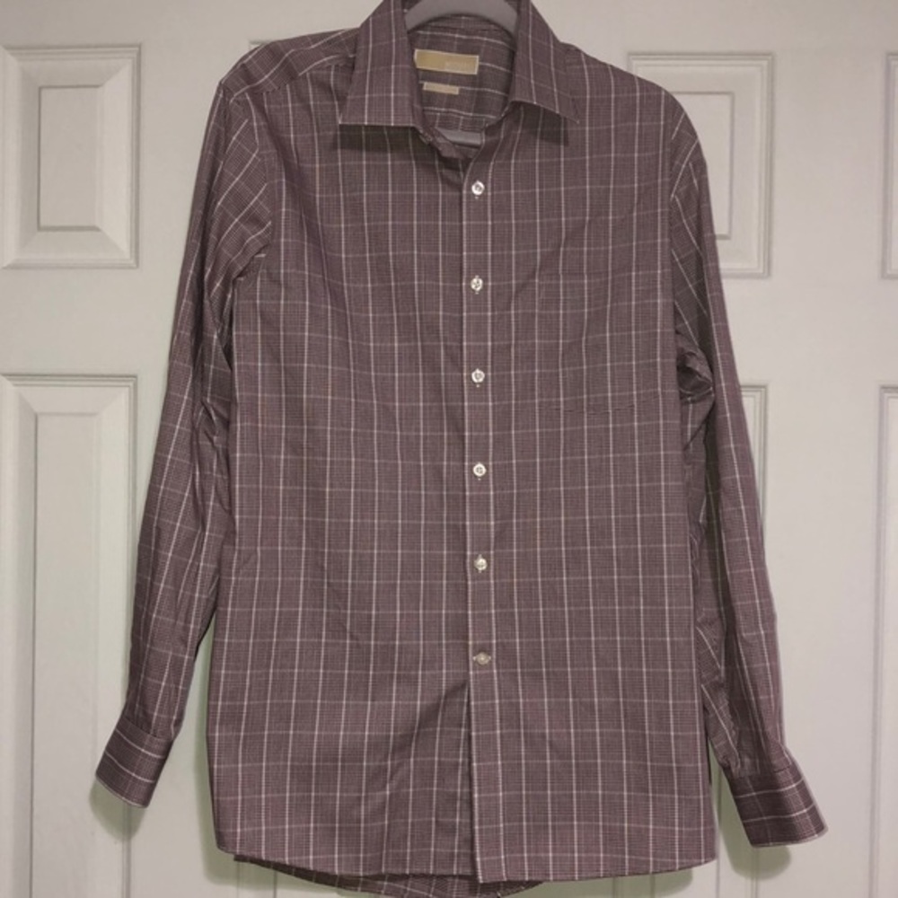 Michael kors non iron plaid burgundy button down shirt. Men’s size 16.5 34/35